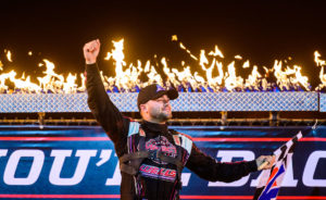 Brandon Overton celebrates a win at Eldora