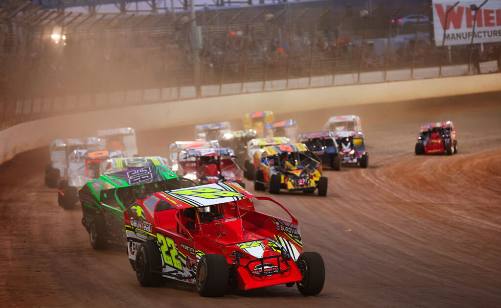 Cedric Gauvreau leads the DIRTcar Sportsman down the backstretch at The Dirt Track at Charlotte.